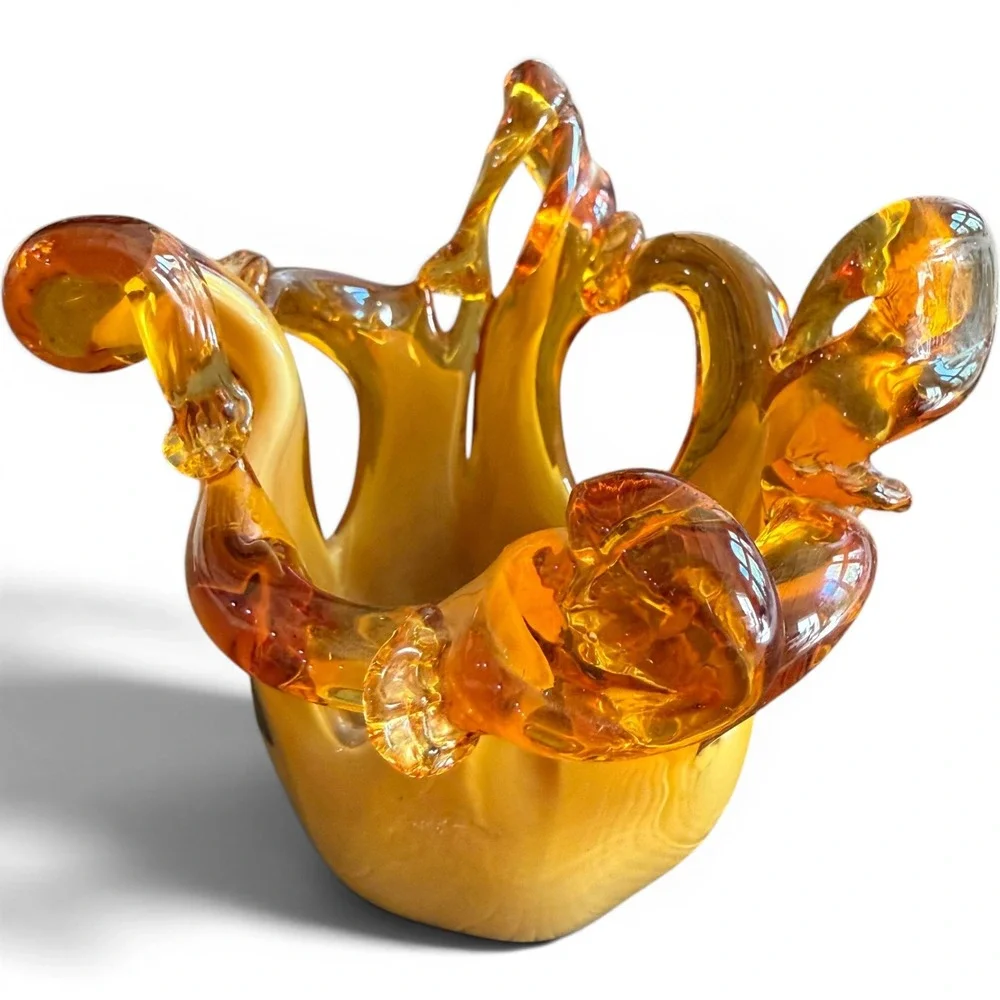 Vintage Murano Glass Vase White Cristal Hand Made Italy Amber Gold Art Glass 6